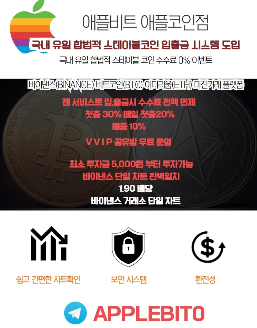 애플비트 합법코인 BTC,ETH 1.90 배당 첫충 30% 매충 20% 이벤트중바이낸스단일차트